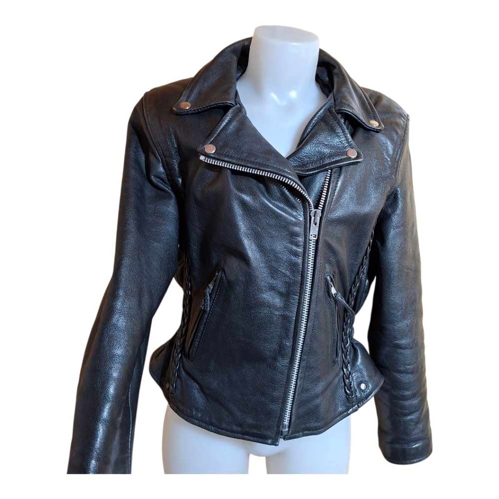 Vintage Motorcycle Style Jacket Braided Leather With Detachable Lining 80's